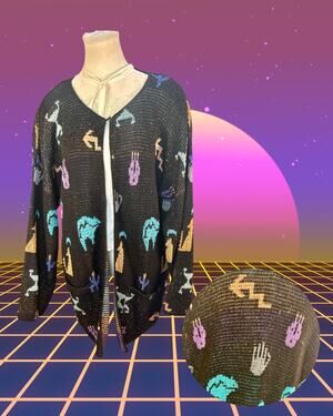 Vintage 80s French Rags 2 Black Pastel Southwestern Figures Cardi Sweater XL